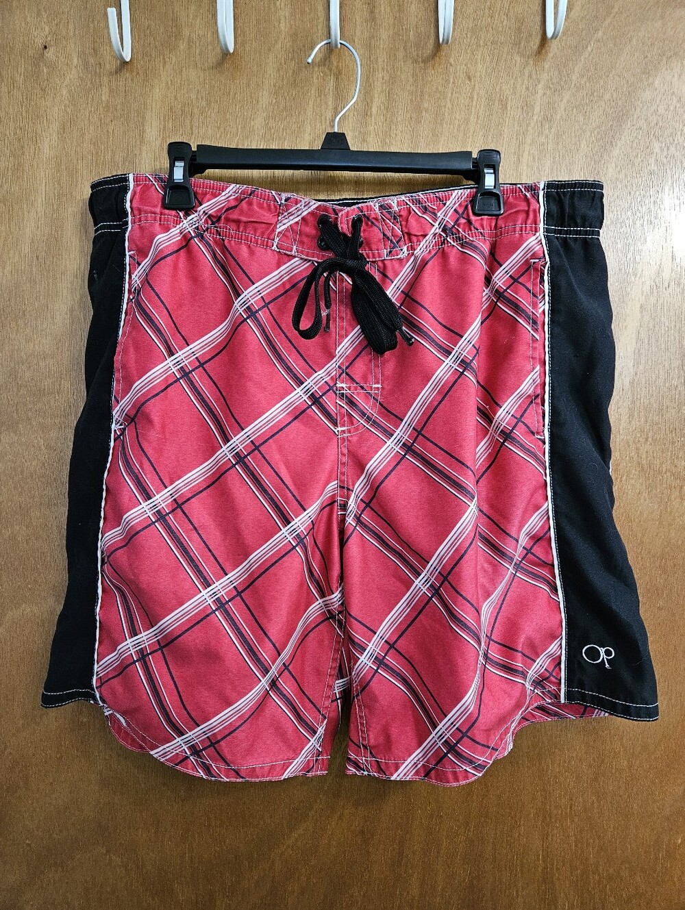 OP Men’s Plaid Swim Trunks Red Black L 36-38 Drawstring Board Shorts Lined